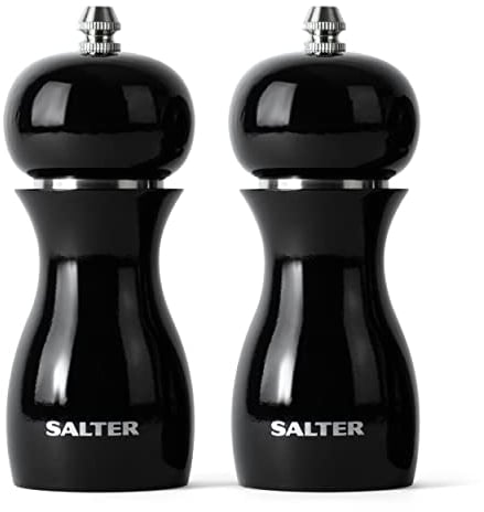 Salter 7613 BKXR Salt & Pepper Grinder Set - Spice Mills, High Gloss Mechanical Seasoning Pots, Twist to Grind, Adjustable Fine to Coarse, Retro, 26g Salt/13g Pepper, Black Condiment Set, 14cm