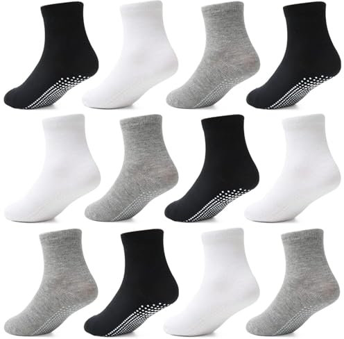 HYCLES Calzini Antiscivolo Bambino per 5-7 Anni - Calze Antiscivolo Bambino Calzini Neonato 0-3-6-9-12-18 Mesi Calzini Bambino 23-26-27-30-31-34 Nero+Bianco+Grigio chiaro