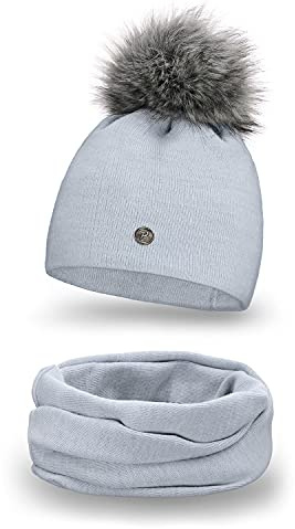 PaMaMi Winterset Mütze + Loopschal I Kopfumfang 55-58 mm I Strickmütze für Herbstabende I Schlauchschal zum Wickeln, Loop-Länge 70 cm I Universelles Design mit einem Ökö-Pompon