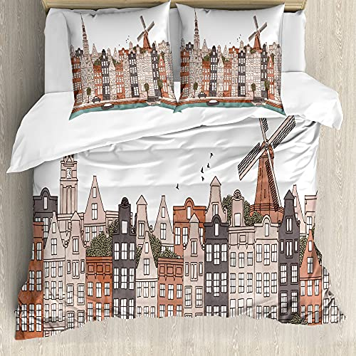 ABAKUHAUS Amsterdam Bettbezug Set für Einzelbetten, Niederlande Historische Kunst, Milbensicher Allergiker geeignet mit Kissenbezug, 155 cm x 200 cm - 80 x 80 cm, Beige Burnt Sienna