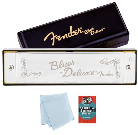 Fender Blues Deluxe Harmonica - Key of C Bundle with Carrying Case, Austin Bazaar Online Manual, and Polishing Cloth