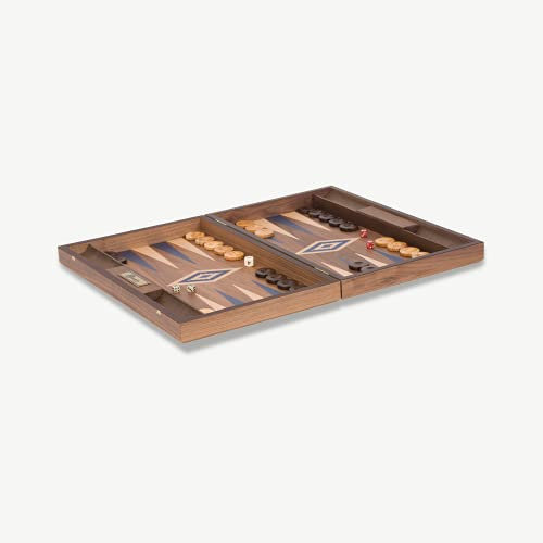 Backgammon - luxuriöse Holzeinlage mit Holzspielsteinen auf wunderschön detailliertem Brett - Aufklappbar - Kiste - Inlay Design Marguetery Technik - Griechisch Brettspiel - Super Profi (Blau)