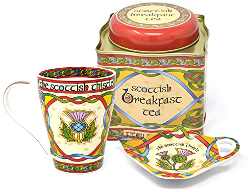 Royal Tara Scottish Thistle Tea Set Gift - Bone China Mug, Breakfast Tea, and Teabag Holder