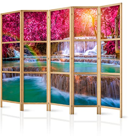 murando - Paravent Innen Raumteiler Holz Landschaft Wasserfall 225x172 cm 5-teilig Japanische Trennwand Raumtrenner Room Divider Mobiler Sichtschutz Spanische Wand Abtrennung Wald c-B-10007-z-a
