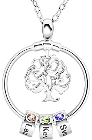 Custom Family Tree Mom Necklace Stainless Steel Round Personalised 1-6 Name Birthstone Pendant Necklace Tree of Life Grandma Grandmother Mother Day Jewelry Gifts For Women