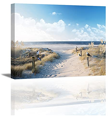 Piy Painting Peinture sur toile de bord de mer, plage, sable, Ciel bleu, Oiseaux, Littoral Paysage naturel Tableau décoration moderne imprimé sur toile pour Chambre Cuisine Bar 40x30cm 1 pièce