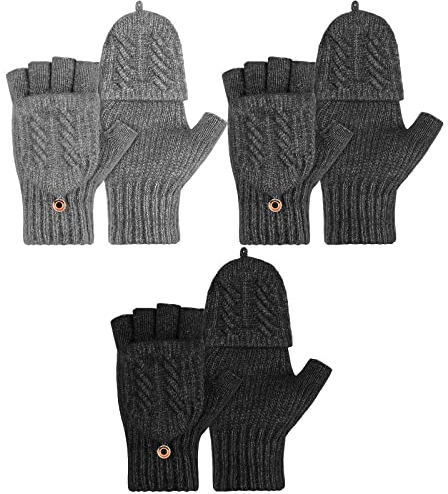 SATINIOR 3 Paar Winter-Strickhandschuhe, wandelbar, fingerlose Handschuhe, gestrickt, fingerlose Handschuhe mit Überzug, für Damen und Herren, Mehrfarbig, classic colors/black, dark gray, light gray