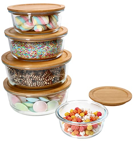 Ritzenhoff & Breker 5X Esperanza Vorratsdosen rund I Glasdosen mit Holzdeckel I 2X 1,25L, 1x 900ml, 1x 620ml & 1x 300ml I nachhaltiger Bambus-Deckel mit Glasschüssel I Aufschnittbehälter, Brotbox