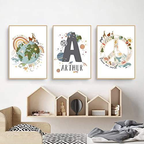CULASIGN 3er Set Kinderzimmer Bilder, Kinder Wandbild ohne Rahmen, Weltraum Rakete Poster Babyzimmer, Alphabet ABC Poster Kunst Kinderposter für Jungen Mädchen Geschenk (CDE,50x70cm)