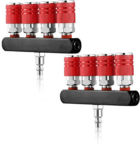 2 Pcs 4 Way Straight Air Manifold Hose Splitter 5 Ports 1/4 in Npt Air Compressor Connect Fittings Hose Accessories Swivel 360 Degrees Connectors(Red)