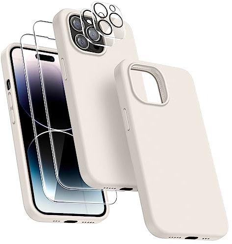 Dssairo [5-in-1 für iPhone 14 Pro Hülle 6.1, mit 2 Pack Displayschutzfolie + 2 Pack Kameralinsenschutz, Flüssigsilikon, ultradünn, stoßfeste Schutzhülle [Mikrofaserfutter] (Stein)