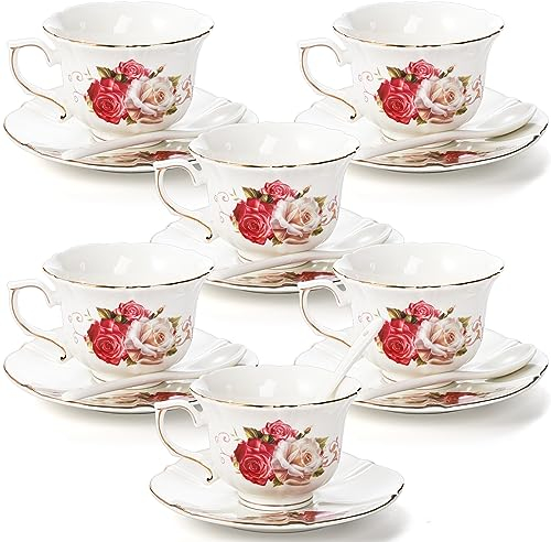 Foraineam Teetasse und Untertasse, Porzellan, elfenbeinfarbene Rose, Teetassen mit Untertassen und Löffeln, 170 ml, florales Kaffeetassen-Set mit Goldrand, Latte-Tassen und Espressotasse für Tee,