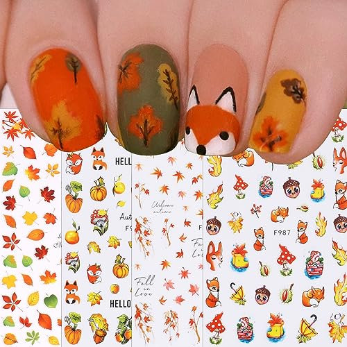 JMEOWIO Nagelsticker Herbst 9 Blatt Nail Art Sticker Selbstklebend Nagelaufkleber Kürbis Ahornblatt Erntedankfest Dekoration Nageldesign Zubehör