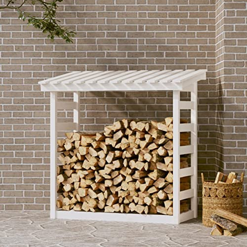 Homgoday Kaminholzregal mit Dach Brennholzregal Holzunterstand Kaminholzunterstand Kaminholzablage Viel Stauraum Kaminholzlager für Garten Weiß 108x64,5x110 cm Massivholz Kiefer