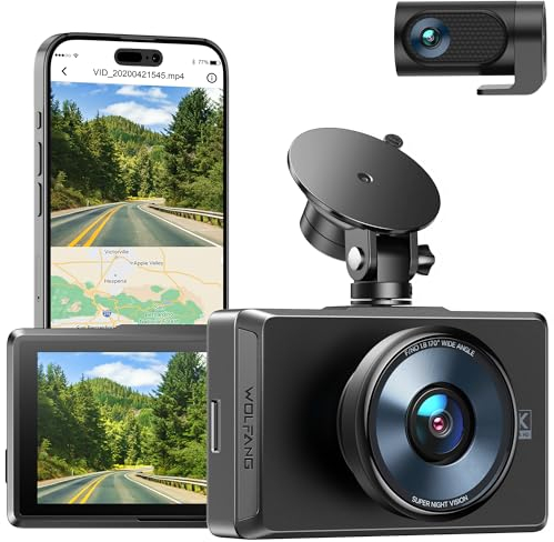 WOLFANG Dashcam Cámara de Coche, 4K Doble WiFi Dashcam, Control App, WDR, Super Visión Nocturna,GPS, 3 IPS-Touch-Screen, Gran Angular 170°, Sensor G,Monitor de Aparcamiento 24H, Grabación de Bucle