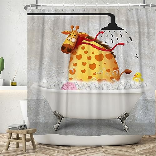 ASDCXZ Divertente tenda da doccia 180 x 180 cm, sfondo vintage, divertente giraffa, anatra per bambini, bagno, lavabile, in poliestere, impermeabile, per vasca da bagno con 12 ganci