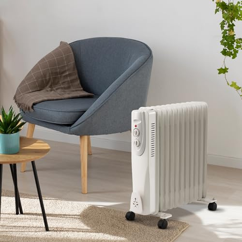 Oil Filled Radiator, 3 Heat Settings and Thermostat Timer, Overheat Safety Cut-off, Portable Heater with Quiet Operation (1 x White 11 Fin)