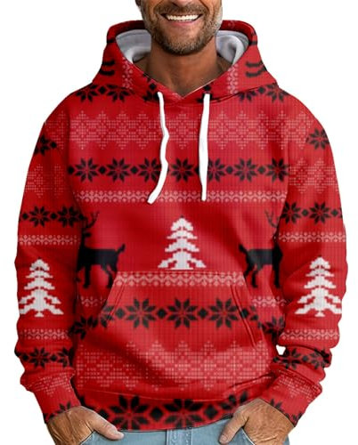 Generisch Weihnachtspullover Herren, Hoodie Herren Oversize Lange Ärmel Dünne Kapuze Sweatshirt Pullover Mit Kordelzug Weihnachtspulli Hässlich Lustige The Christmas Sweater Beleuchtung (7XL, Rot)