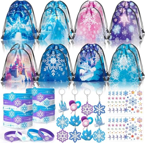 48 Stück Frozen Party Mitgebsel Mädchen mit Kordelzug Beutel Schneeflocke Armband Siliko Schnapparmband Aufklebe für Elsa Geburtstagsdeko Prinzessin Give Aways Frozen Kindergeburtstag Gastgeschenke