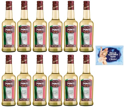 12er-Pack Ponti Weißweinessig, Aceto di Vino Bianco Italiano,100% Italienischer Essig,500ml Glasflasche + 1er-Pack Kostenlos Felce Azzurra Talkumpuder, 100g-Beutel