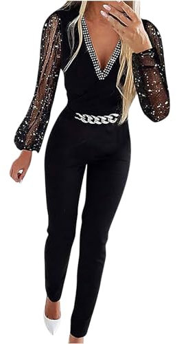 Summer Jumpsuits for Women UK Overalls Ladies Casual Trousers Trendy Cold Shoulder Long Sleeve V Neck Rompers Wide Leg Lounge Pants Solid Color Loose Comfortable Fit Workout One Piece