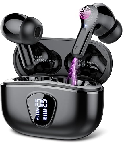 Wireless Earbuds, Bluetooth 5.3 Headphones with 4 ENC Noise Cancelling Mic, Bluetooth Earbuds 40H Playtime , Wireless Headphones in ear Earphones Bass Stereo, LED Display, IP7 Waterproof, Noble Black