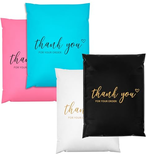 JinRuiKJ Thank You Poly-Versandtaschen, 10 x 13 cm, verschiedene Farben, 25 Stück je Farbe, stark haftende Versandtaschen für Kleidung, langlebig, dicke Versandtaschen mit Selbstverschluss,