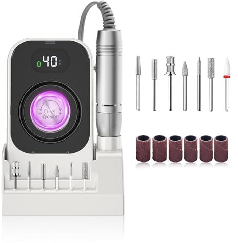 Professional Nail Drill Machine 40000RPM e Files for Nails Professional 1800 mAh Electric Efile Nail Drill 40 Speed Nail Drill for Acrylic and Gel Nails with 7 Nail Files Bit for Home or Salon(White)