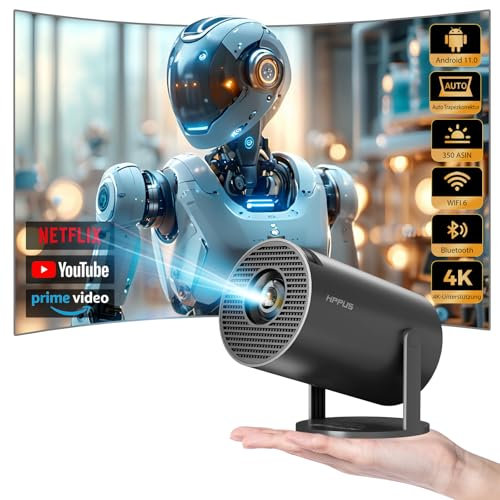 HIPPUS Mini Proyector Portátil de Corto Alcance 4K Soporte, Rotación 270°, WiFi 6, Bluetooth 5.2, Android 11, Corrección Automática de Trapecio, Móvil para Cine en Casa con HDMI/USB, Gris