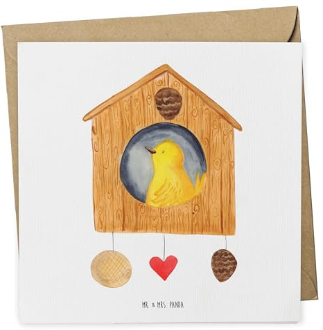 Mr. & Mrs. Panda Deluxe Karte Vogelhaus Home - Geschenk, lustige Sprüche, Tiermotive, Gute Laune, Glückwunsch, Tiere, Hausbau, Hochwertige Gruß, Hochzeits, Umzug, Geburtstags