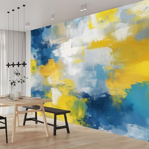Fototapete 3D Effekt Abstrakte Malerei Gelb Blau 350x256 cm Vliestapete Wohnzimmer Schlafzimmer Vlies Tapete Art Wandtapete UV-Beständig Wanddekoration Tapete