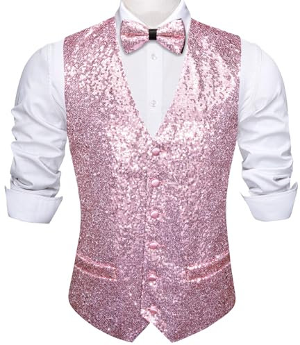Barry.Wang Ensemble gilet à paillettes pour homme avec gilet brillant et col en V avec nœud papillon pour bal de fin d'année, mariage, tailles S à 3XL, rose, XL