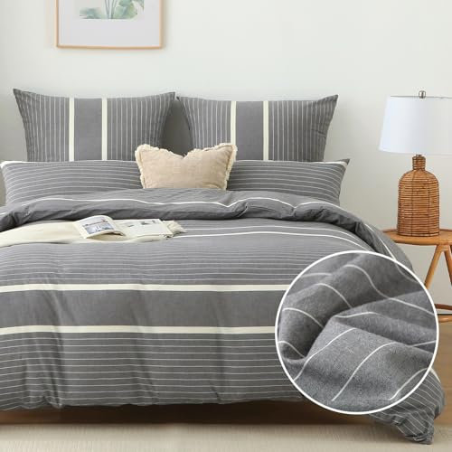 SOULFUL Bettwäsche 220x240 Baumwolle Gestreift, 100% Gewaschene Baumwolle Dunkelgrau Bettwäsche-Sets mit Reißverschluss öKotex Zertifiziert Enthält 1 Bettbezug 220x240 und 2 Kissenbezüge 80x80