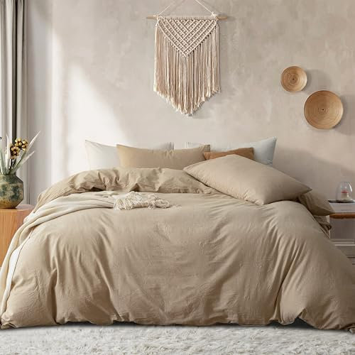 Freyamy Baumwolle Bettwäsche 200x220cm 3teilig Khaki Baumwolle Renforce Bettwäsche Set Unifarben Leinenoptik Deckenbezug Uni Elegant Bettbezug mit Reißverschluss und 2 Kissenbezug 80x80cm