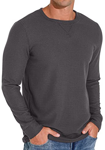 Sailwind Mens Waffle Crew Neck Casual T-Shirt Long-Sleeve Tops Casual Sweatshirt (Dark Grey, L)
