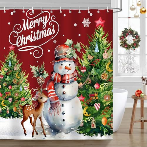 JOOCAR Duschvorhang mit Weihnachtsmotiv und Schneemann, roter Winter, Weihnachtsbaum und Hirsch, Stoff-Duschvorhänge für Badezimmer, Dekoration, mit Haken, 183 x 183 cm