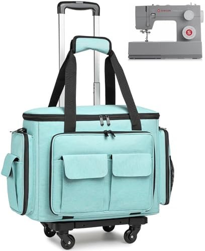 Nähmaschinenkoffer mit Rollen, Rolltasche für Nähmaschinen mit abnehmbarem Bodenpolster und mehreren Aufbewahrungstaschen, kompatibel mit Singer und Brother, Blaugrün
