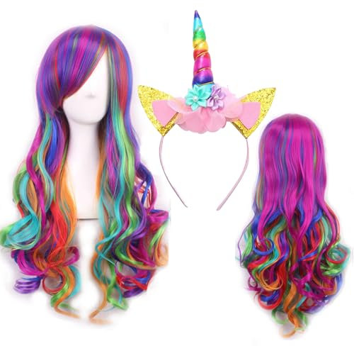 mohito Mehrfarbig Regenbogen Cosplay Perücke,Regenbogen Perücken,Bunt Lang Locken,GGeeignet für Halloween Karneval Familie Versammlung Rollenspiel Party Prom Multi Farbe Mit bunten Haarspangen