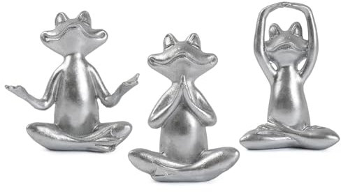 Silber Frosch Figuren Yoga Dekor Set von 3 - Frosch Yoga Statuen für Modern Wohnzimmer Tisch Büro Bücherregal Regale Home Skulpturen Dekor für Mama Papa Frauen