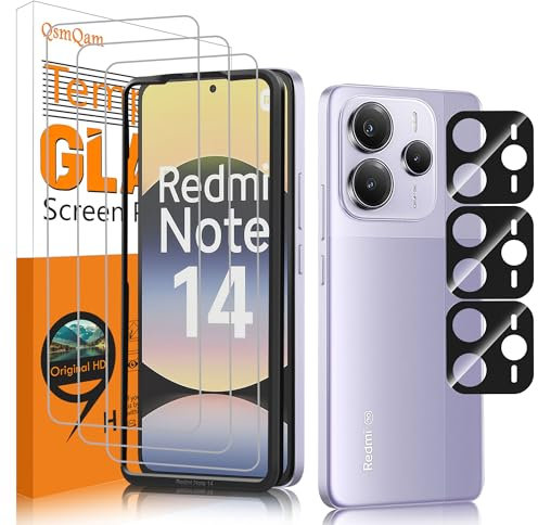 QsmQam 3 Piezas Protector de Pantalla para Xiaomi Redmi Note 14 5G (No Compatible con 4G) con 3 Piezas Protector de Lente de Cámara, Ultra HD Cristal Templado, Dureza 9H, Anti Arañazos, Sin Burbujas