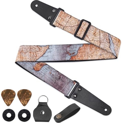Czzmy Gitarrengurt, Verstellbarer Gitarren-Gurt Gitarrenband Guitar Strap mit Lederenden Plektrum Knöpfe Gitarrenhals Gurt für E-Gitarre Akustikgitarre Bass(1-Vintage Map2)