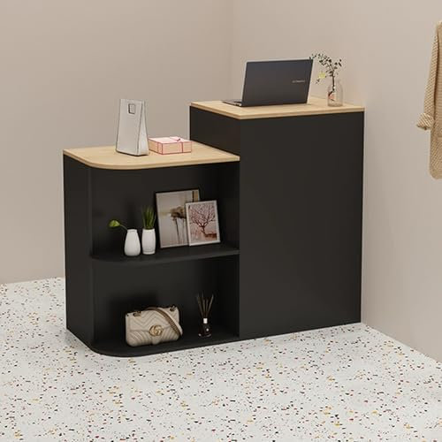 Snaweo Rezeption, Empfangstheke aus Holz mit offenem Regal und abschließbarer Funktion, Kleiner Empfangstresen, Rezeptionstheke für Salon, Büro, Restaurant(Wood+Black,120cm/47in)