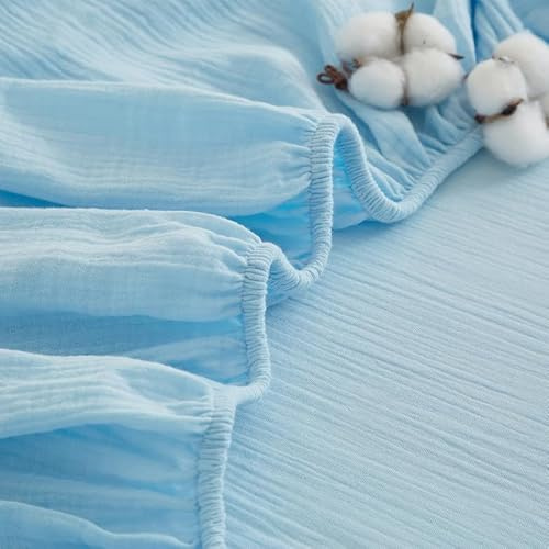 Gezu Muslin Spannbettlaken 160x200cm Blau | Spannbettlaken 160x200 Boxspringbett Frottee Topper Weich Uni Atmungsaktiv Bettlaken für Hohe Matratze bis 25-30 cm
