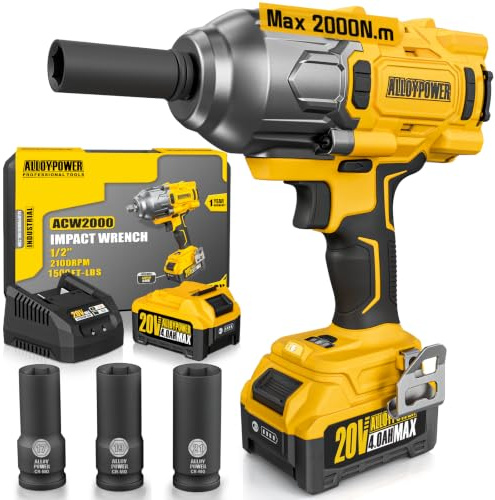 ALLOY POWER Alloypower Cordless Brushless Impact Wrench, -Lbs (2000n.m), 1/2 High Torque Power Impact Gun, 3-Mode Speed, Battery, 3 Sockets, Electric Wrench Set for Car Tire Truck RV Mower, 4000mah,