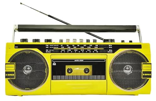 Boombox Retro Portable Cassette - Wireless Cassette Reader 80s Style Style with 4 -band Radio (AM/FM/SW1/SW2) | Stereo and Bass Amplification | USB/SD | Transport Handle | for the Voya,Yellow