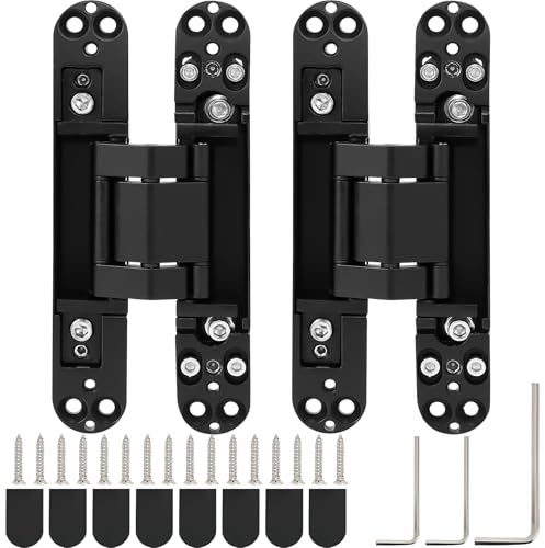 2 Pack Black Hidden Door Hinges, 15 cm Heavy Duty Concealed Door Hinge | 3-Way Adjustable Invisible Hinges with Hex Wrench Screws for Cabinet Bookcase Folding Doors