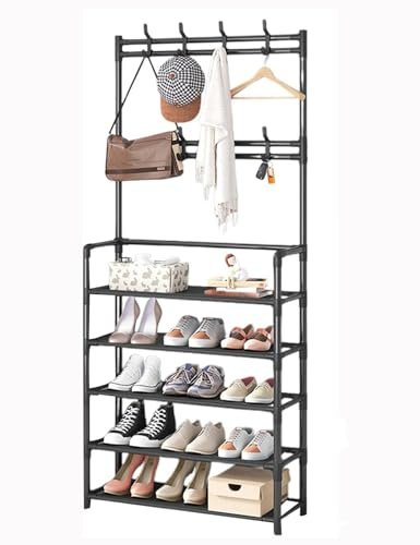 MAFAGE Garderobenständer, Garderobe mit Schuhregal, 8 abnehmbaren Haken, 2-in-1 Design, Schuhregal mit 5 Ebenen für den Eingangsbereich Schlafzimmer, Flur, Büro, Schwarz 170x25x60cm
