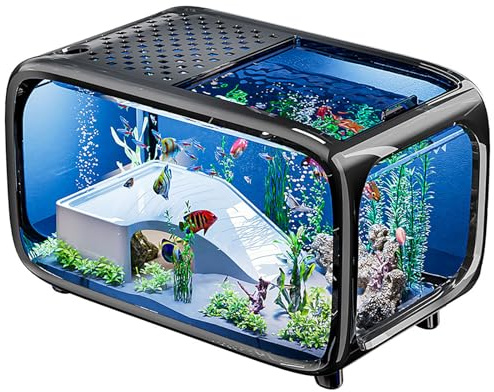Kleines Aquarium, Landschaft Fischglas mit Futterloch, Nano-Tank für Kampffische Schildkröten Wasserpflanzen-Landschaftsdisplay, 40×25.5×22.7cm, 30 Liter, Schwarz