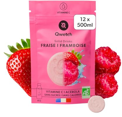 Qwetch - Solid Drinks Bio Gout Fraise Framboise - Pastille Hydratation Pour Boisson Sans Sucre et Hydratation, Boisson Hydratante Vegan Bio, Pastille Pour Aromatiser l'Eau, Vitamine C, 12 Pastilles