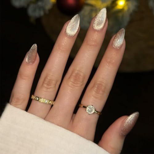 SXVME Press On Nails Short Almond - Light Nude False Nails Short Stiletto, Natural Glitter Cat Eye Fake Nails Set, Reusable Cute Bright Gel Glue On Nails with Color-Shifting Glow, 30 Pcs